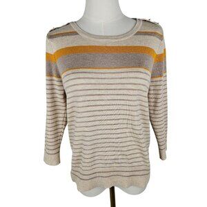 Joseph A. Striped Button‎ Shoulder Sweater Petite Medium Tan Preppy